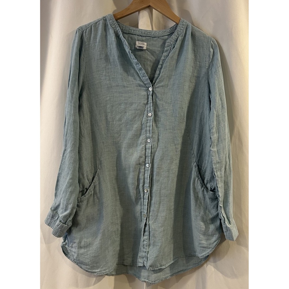 SIGRID OLSEN Top Womens Medium Button Down‎ Linen Long Sleeve Blue